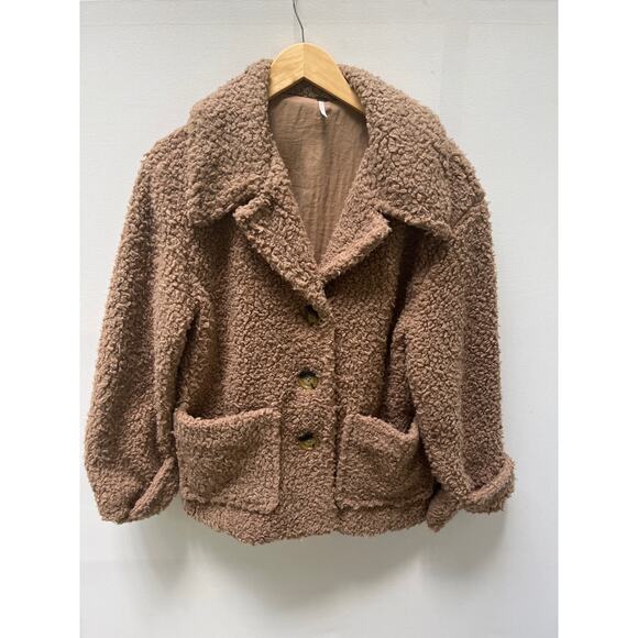 FREE PEOPLE Teddy Sherpa Jacket Coat Oversized Button Front Size M in Tan - Picture 1 of 6